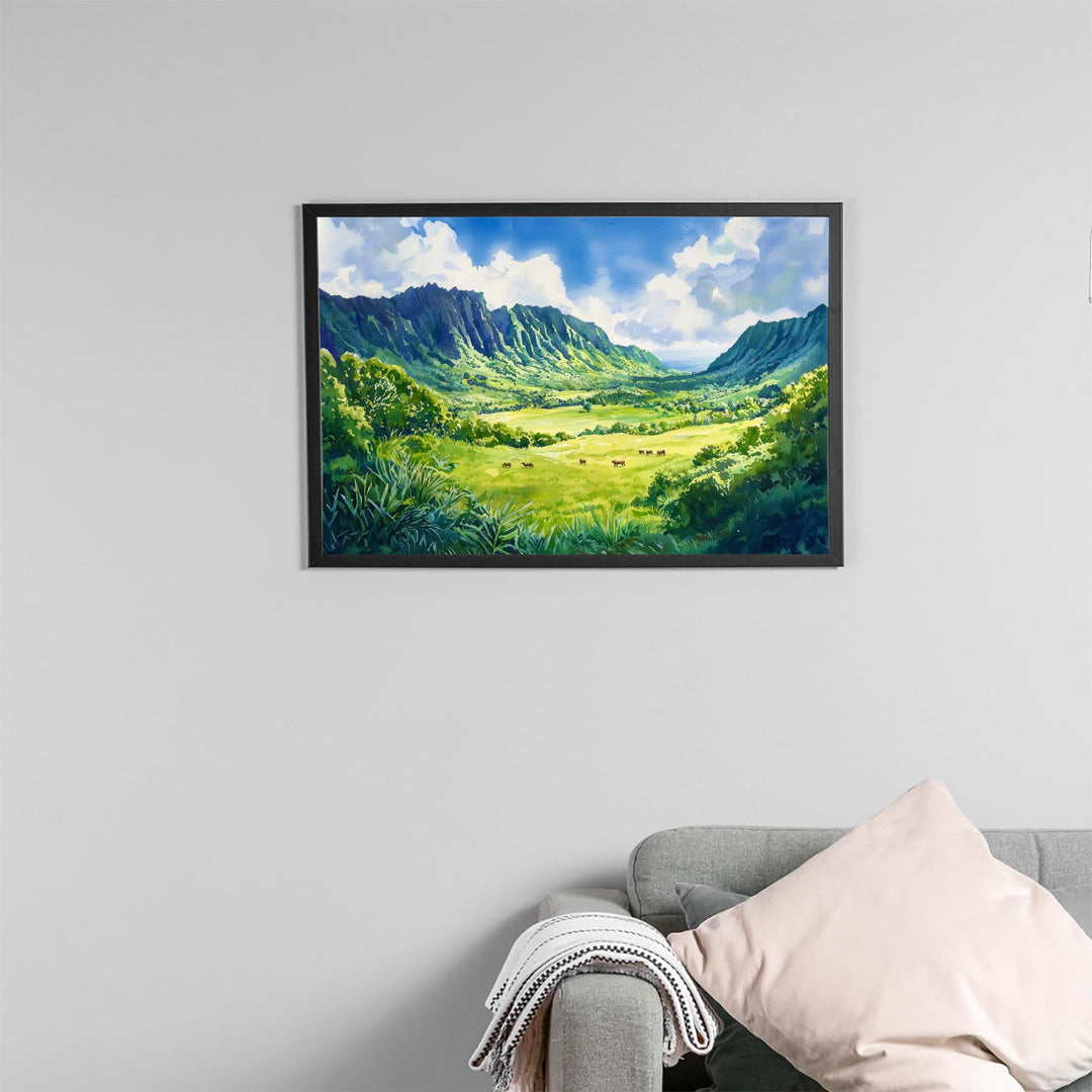 Kualoa Ranch Hawaii Watercolor Poster Oahu Travel Print Landscape Painting Tropical Wall Art Island Souvenir