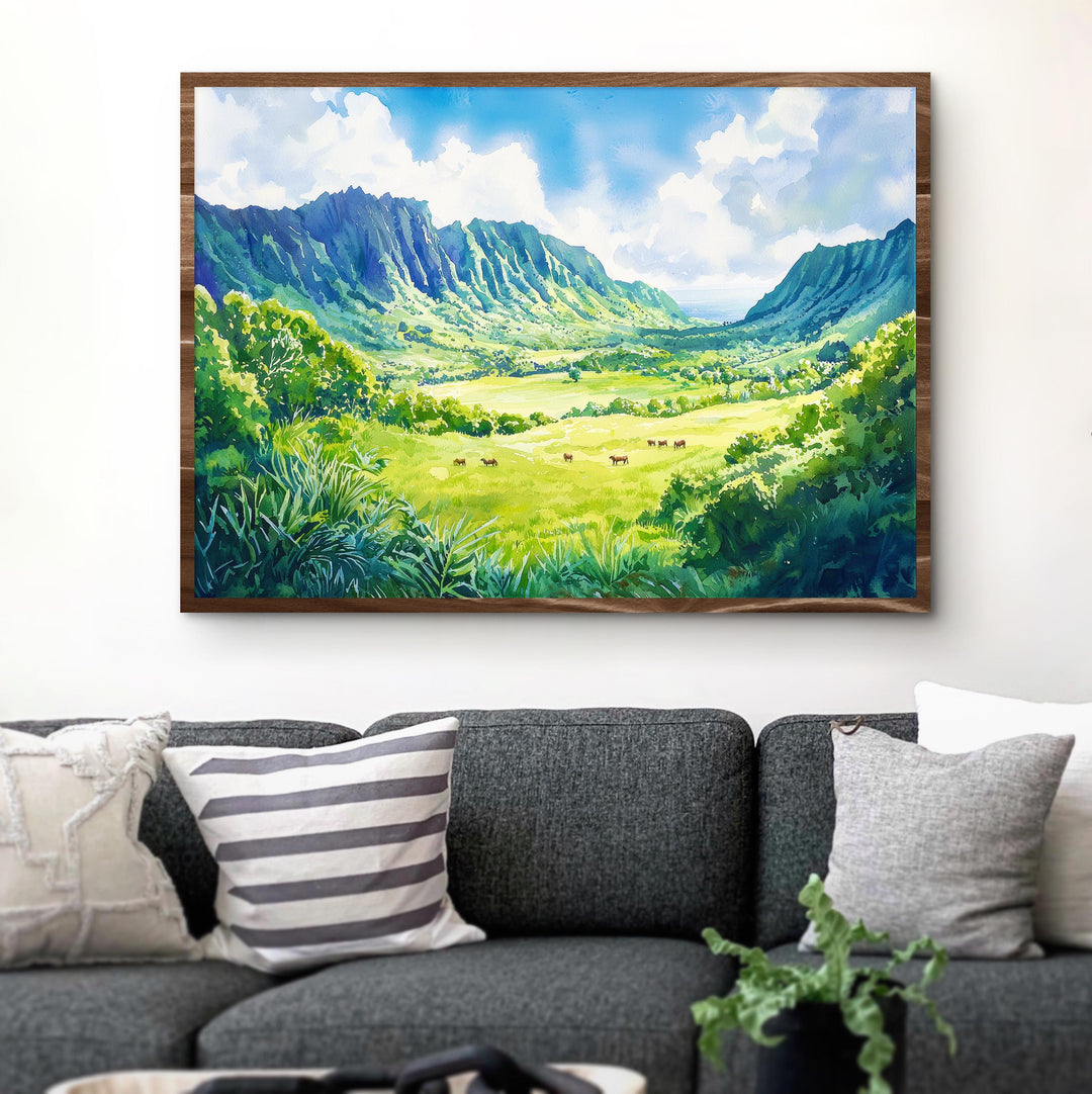 Kualoa Ranch Hawaii Watercolor Poster Oahu Travel Print Landscape Painting Tropical Wall Art Island Souvenir