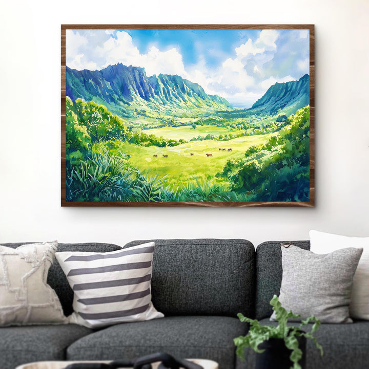 Kualoa Ranch Hawaii Watercolor Poster Oahu Travel Print Landscape Painting Tropical Wall Art Island Souvenir