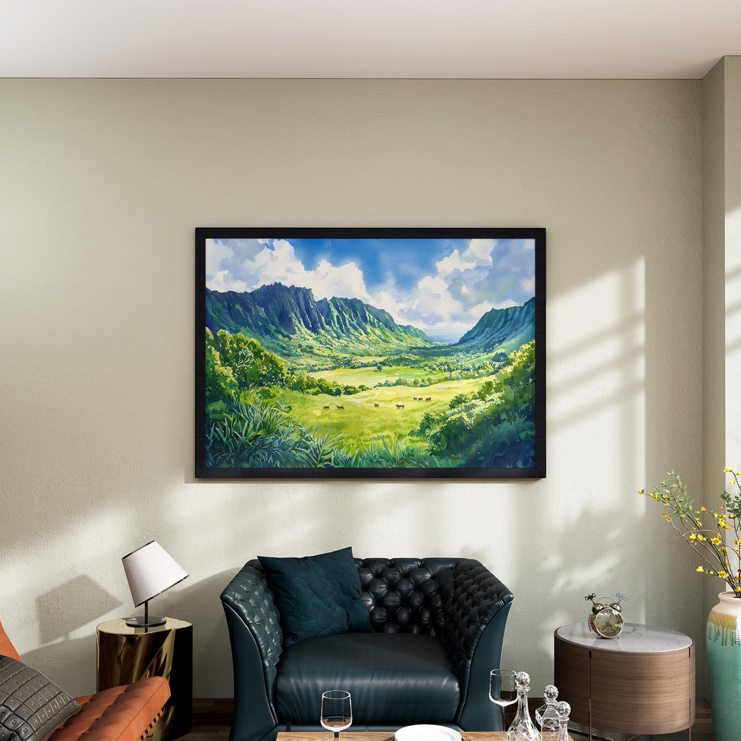 Kualoa Ranch Hawaii Watercolor Poster Oahu Travel Print Landscape Painting Tropical Wall Art Island Souvenir