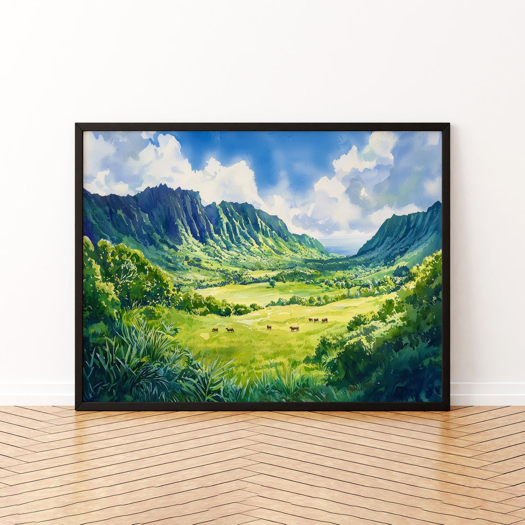 Kualoa Ranch Hawaii Watercolor Poster Oahu Travel Print Landscape Painting Tropical Wall Art Island Souvenir