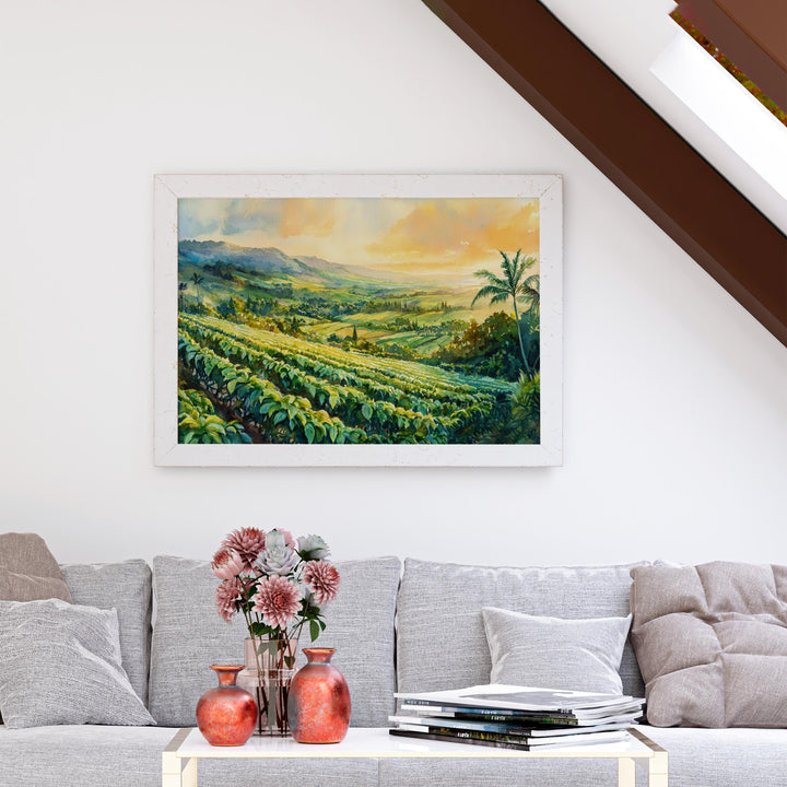 Kona Coffee Country Hawaii Watercolor Poster Big Island Travel Print Landscape Painting Tropical Wall Art Souvenir