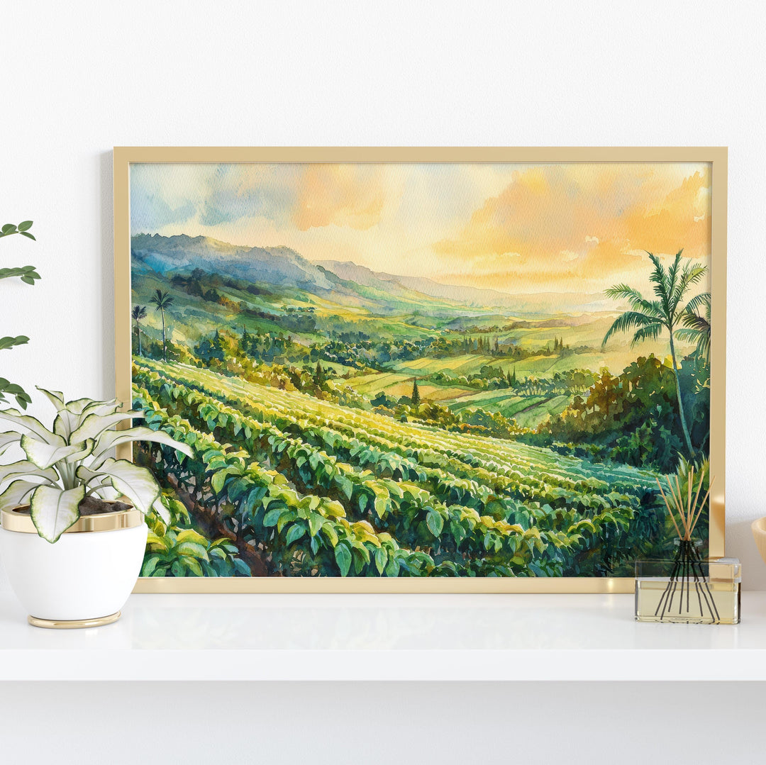 Kona Coffee Country Hawaii Watercolor Poster Big Island Travel Print Landscape Painting Tropical Wall Art Souvenir