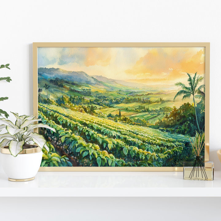 Kona Coffee Country Hawaii Watercolor Poster Big Island Travel Print Landscape Painting Tropical Wall Art Souvenir