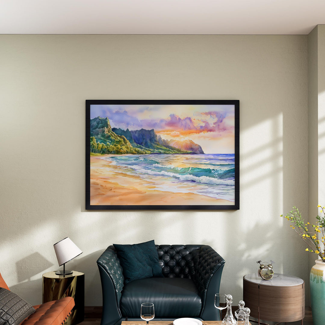 Kauai Hawaii Watercolor Poster Kauai Travel Print Island Landscape Painting Coastal Wall Art Tropical Paradise Souvenir