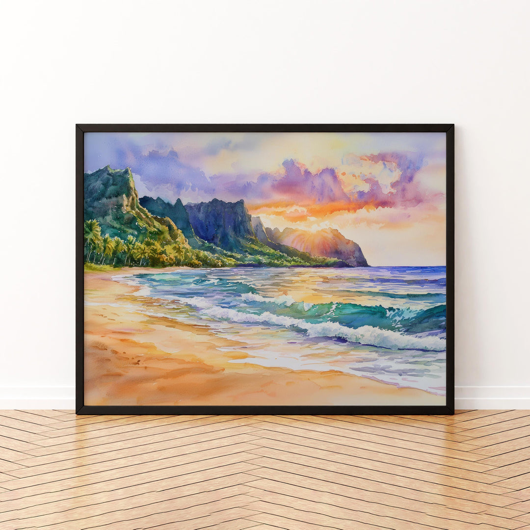 Kauai Hawaii Watercolor Poster Kauai Travel Print Island Landscape Painting Coastal Wall Art Tropical Paradise Souvenir