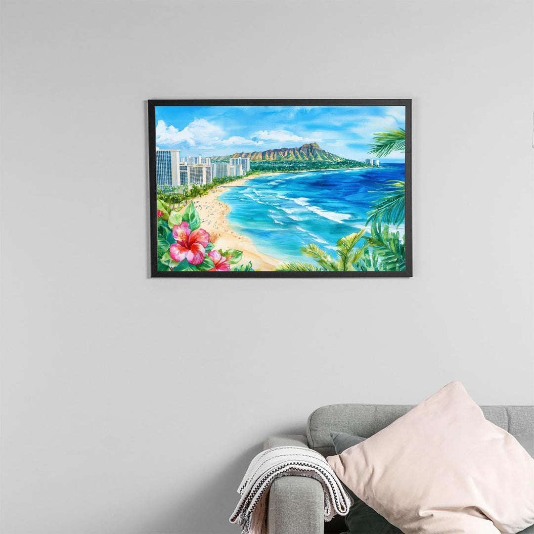 Honolulu Hawaii Watercolor Poster Oahu Travel Print Cityscape Painting Coastal Wall Art Tropical Island Souvenir