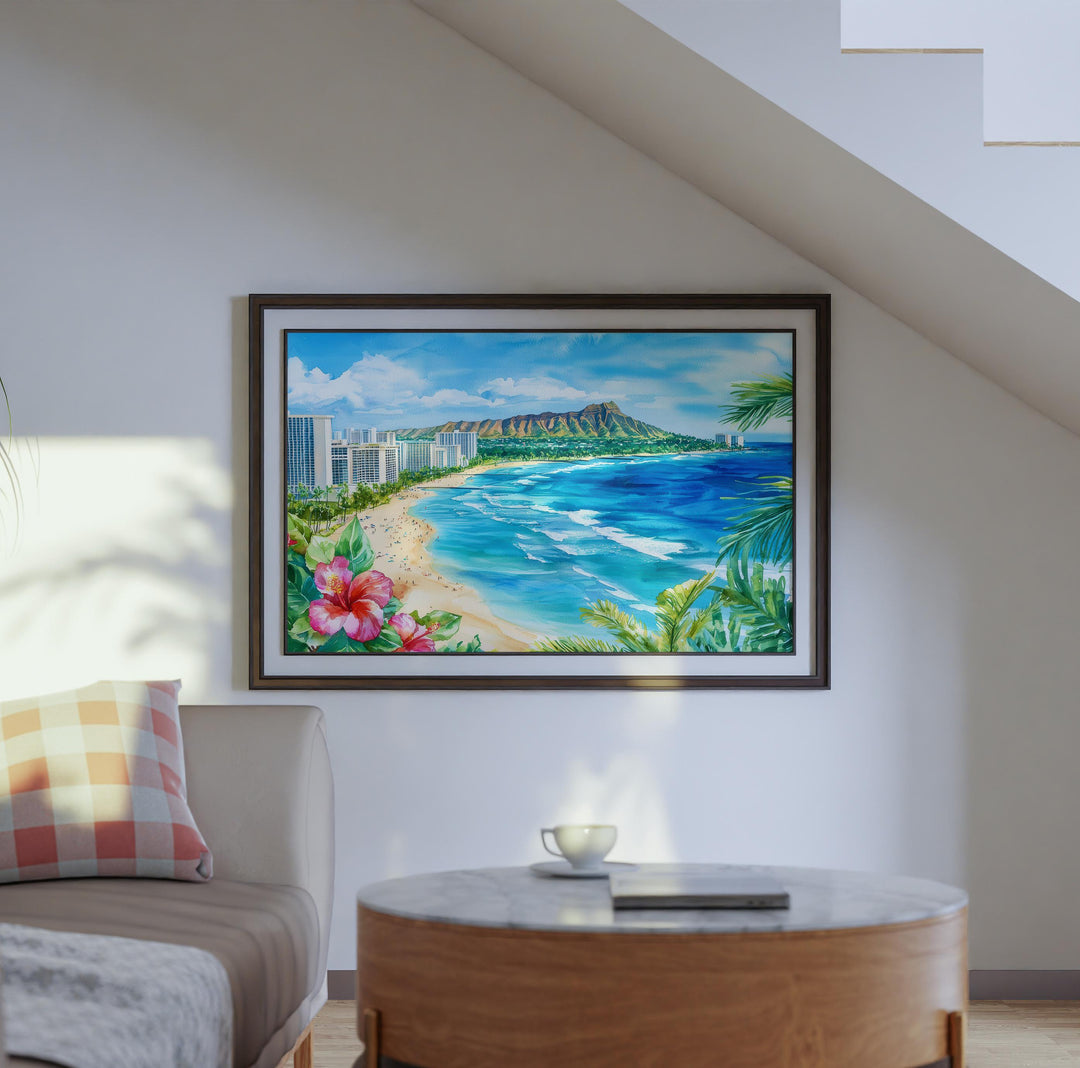 Honolulu Hawaii Watercolor Poster Oahu Travel Print Cityscape Painting Coastal Wall Art Tropical Island Souvenir