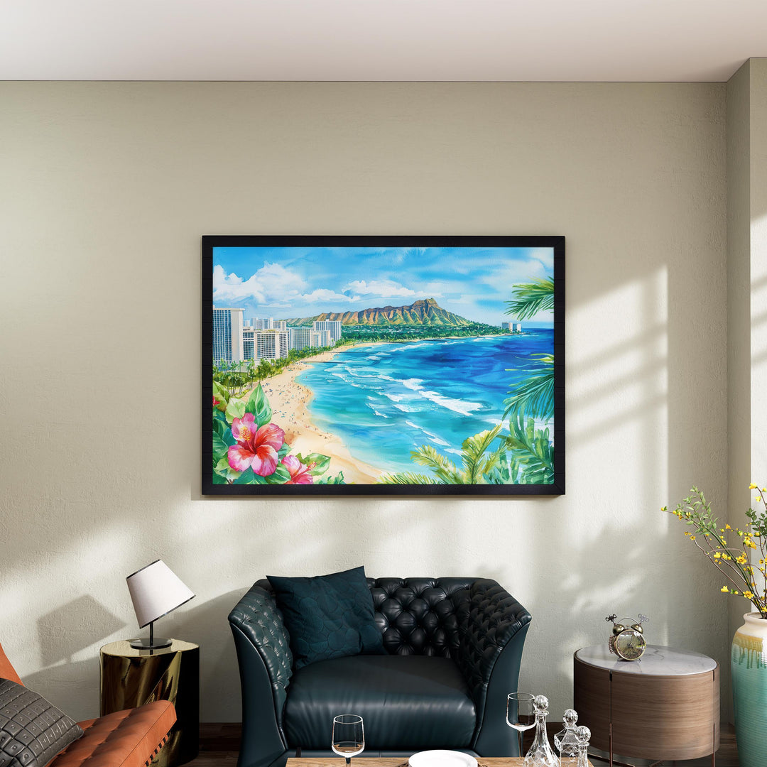 Honolulu Hawaii Watercolor Poster Oahu Travel Print Cityscape Painting Coastal Wall Art Tropical Island Souvenir
