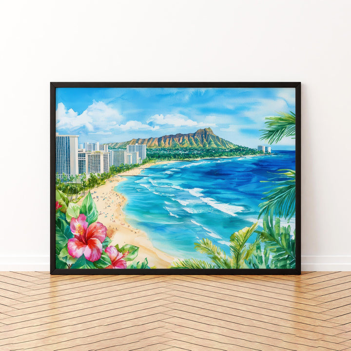 Honolulu Hawaii Watercolor Poster Oahu Travel Print Cityscape Painting Coastal Wall Art Tropical Island Souvenir