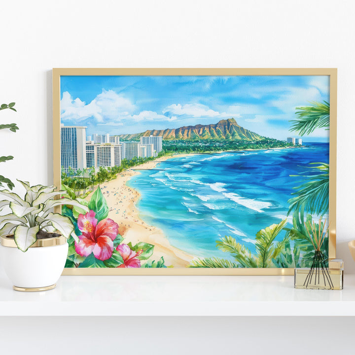 Honolulu Hawaii Watercolor Poster Oahu Travel Print Cityscape Painting Coastal Wall Art Tropical Island Souvenir