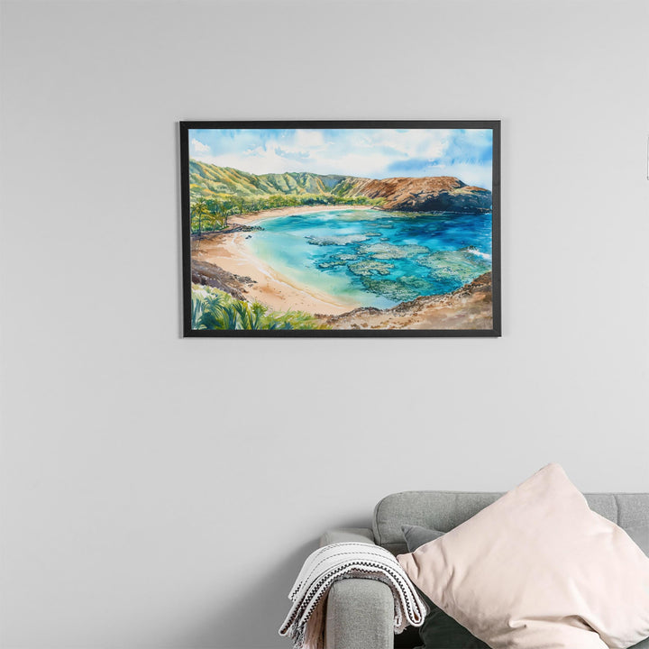 Hanauma Bay Nature Preserve Hawaii Watercolor Poster Oahu Travel Print Coastal Landscape Painting Tropical Wall Art Souvenir
