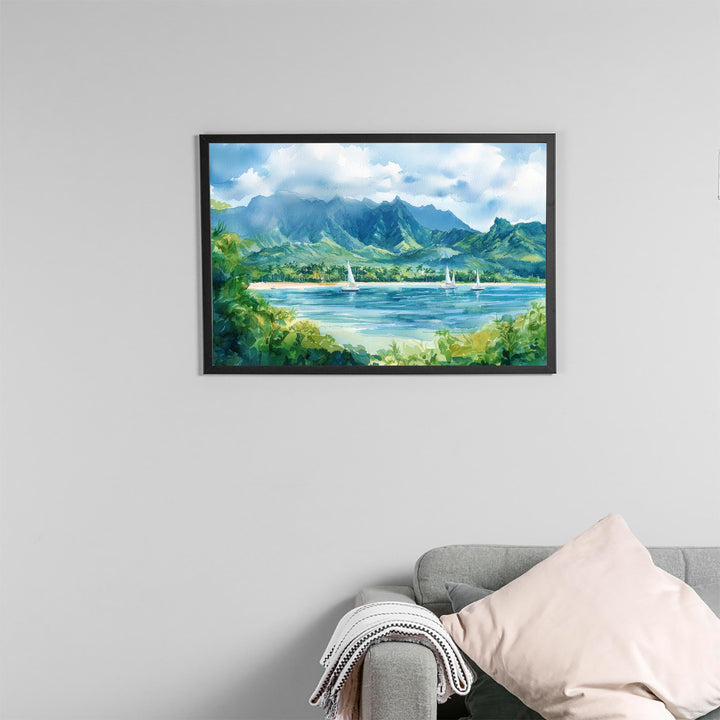 Hanalei Bay Hawaii Watercolor Poster Kauai Travel Print Coastal Landscape Painting Tropical Wall Art Island Souvenir
