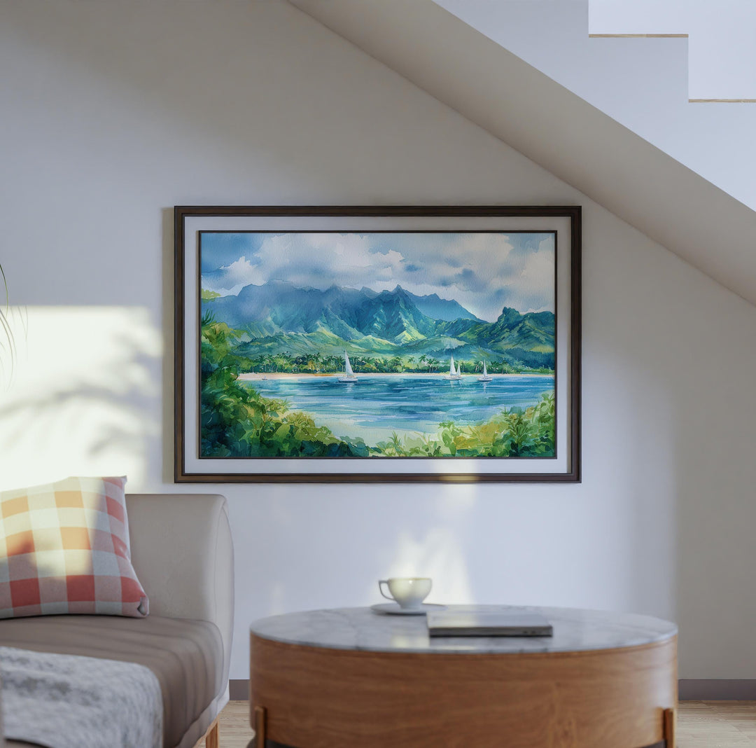 Hanalei Bay Hawaii Watercolor Poster Kauai Travel Print Coastal Landscape Painting Tropical Wall Art Island Souvenir