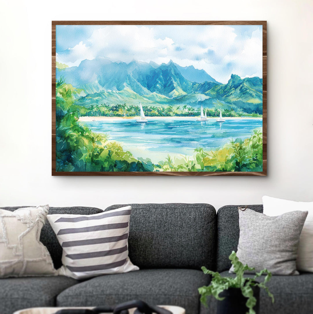 Hanalei Bay Hawaii Watercolor Poster Kauai Travel Print Coastal Landscape Painting Tropical Wall Art Island Souvenir
