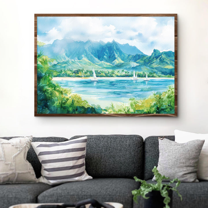 Hanalei Bay Hawaii Watercolor Poster Kauai Travel Print Coastal Landscape Painting Tropical Wall Art Island Souvenir