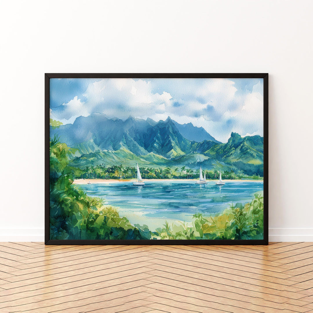 Hanalei Bay Hawaii Watercolor Poster Kauai Travel Print Coastal Landscape Painting Tropical Wall Art Island Souvenir