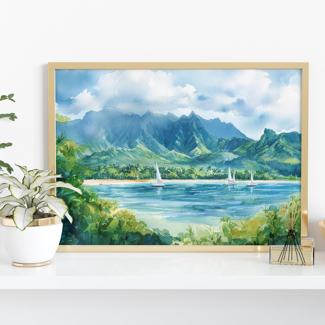 Hanalei Bay Hawaii Watercolor Poster Kauai Travel Print Coastal Landscape Painting Tropical Wall Art Island Souvenir
