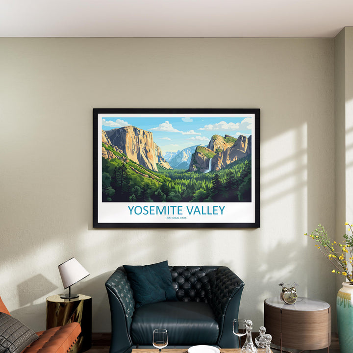 Yosemite Valley National Park Landscape Travel Poster Scenic Granite Cliffs Wall Art USA Nature Print California Decor Yosemite Artwork