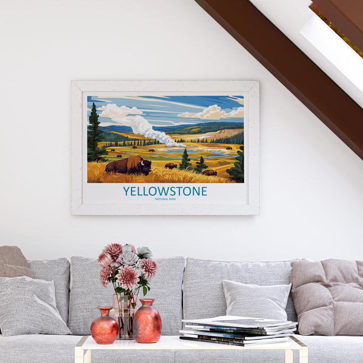 Yellowstone USA Landscape Travel Poster Scenic National Park Geysers Wall Art Nature Print Wyoming Decor Beautiful Yellowstone Artwork