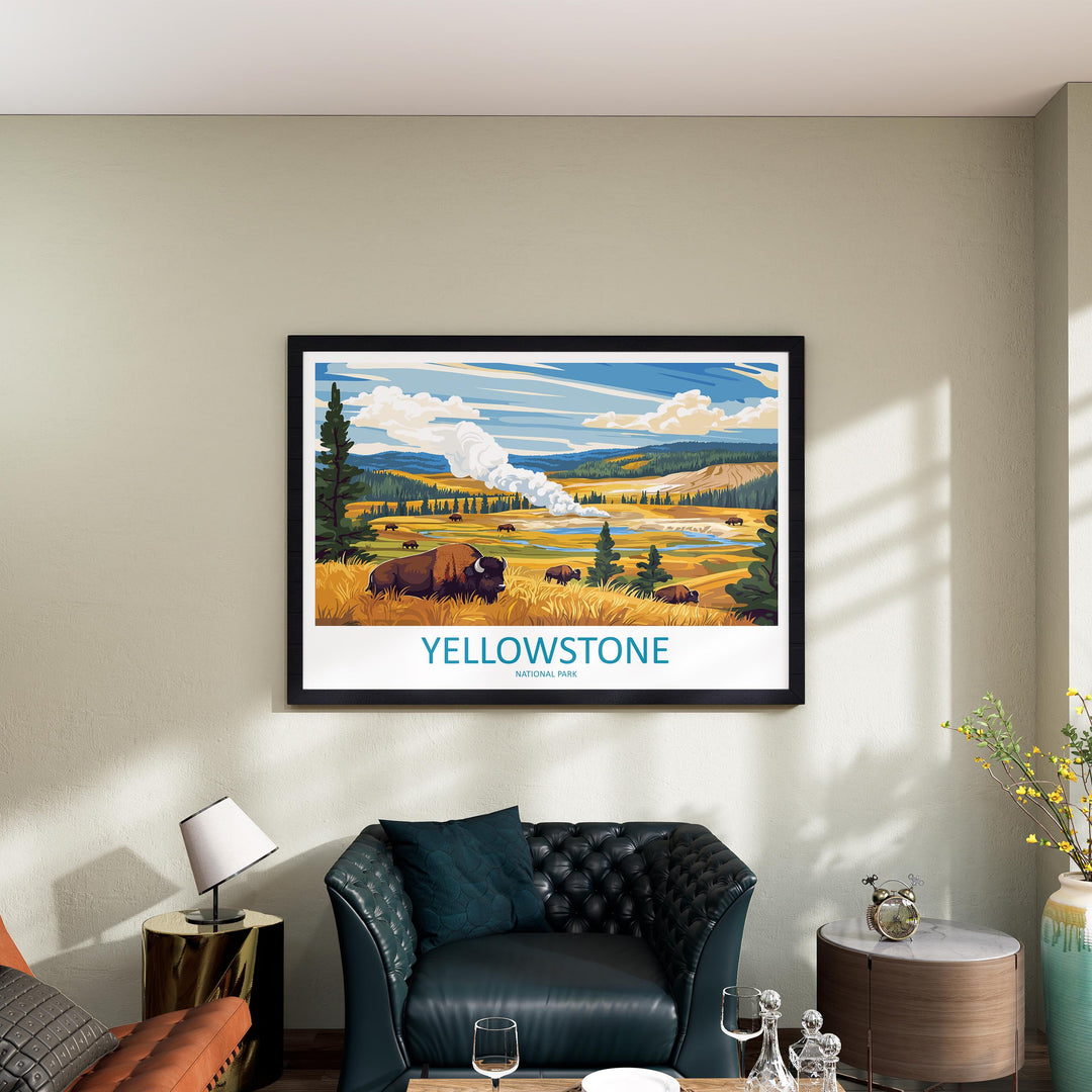 Yellowstone USA Landscape Travel Poster Scenic National Park Geysers Wall Art Nature Print Wyoming Decor Beautiful Yellowstone Artwork