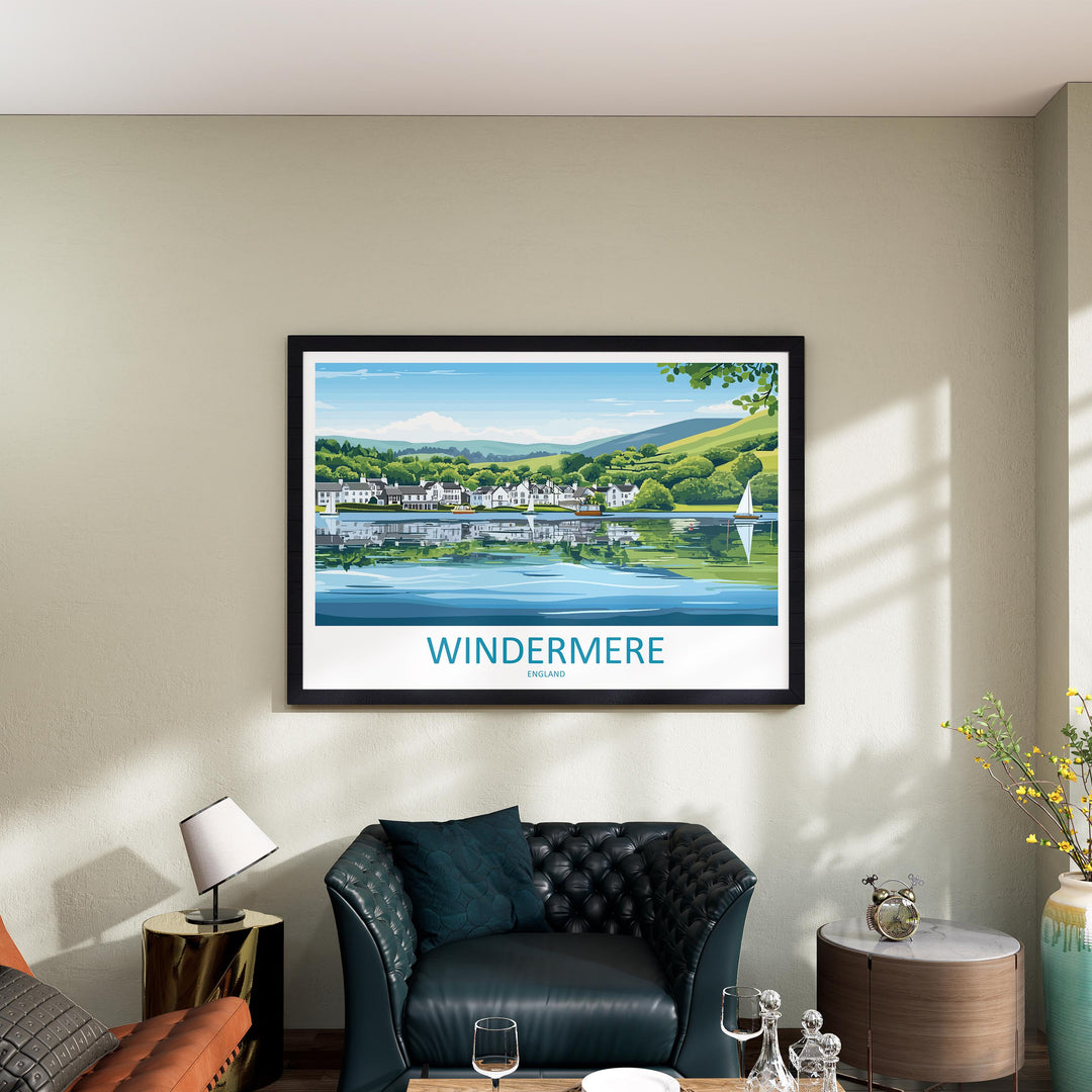 Windermere England Landscape Travel Poster Scenic Lake District Wall Art Serene Waterfront Print UK Nature Decor Windermere Artwork