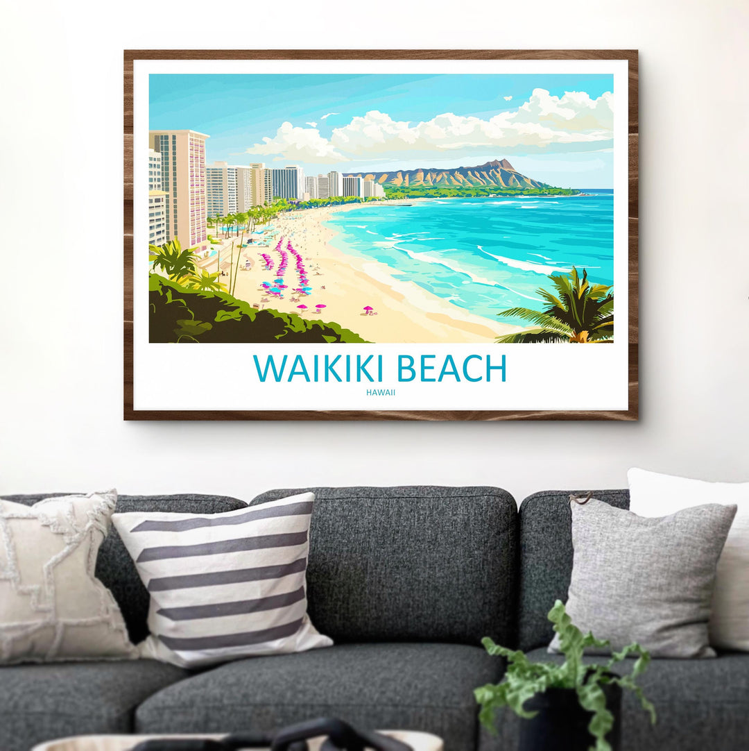 Waikiki Beach Hawaii Landscape Travel Poster Scenic Tropical Coastline Wall Art Honolulu Skyline Print USA Decor Waikiki Beach Artwork