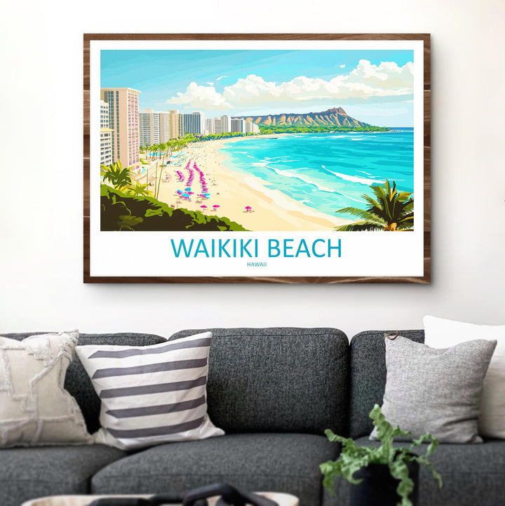 Waikiki Beach Hawaii Landscape Travel Poster Scenic Tropical Coastline Wall Art Honolulu Skyline Print USA Decor Waikiki Beach Artwork