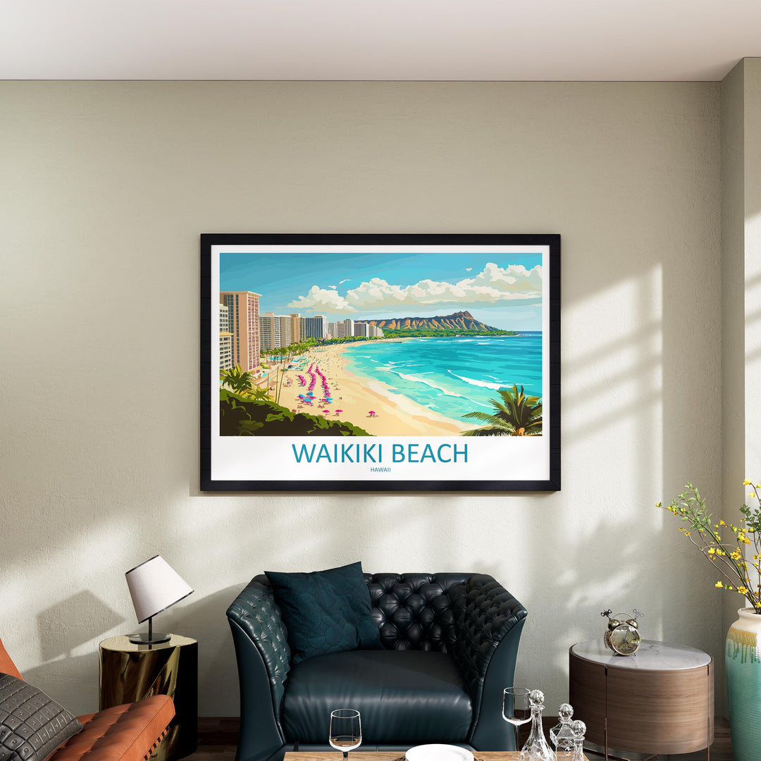 Waikiki Beach Hawaii Landscape Travel Poster Scenic Tropical Coastline Wall Art Honolulu Skyline Print USA Decor Waikiki Beach Artwork