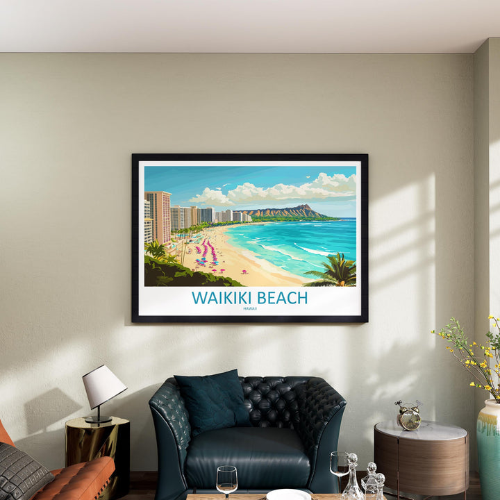 Waikiki Beach Hawaii Landscape Travel Poster Scenic Tropical Coastline Wall Art Honolulu Skyline Print USA Decor Waikiki Beach Artwork