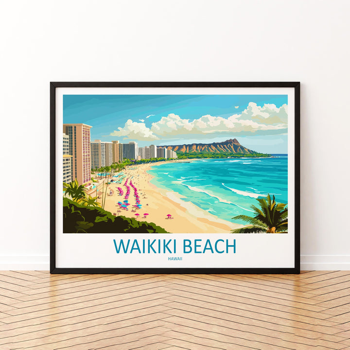 Waikiki Beach Hawaii Landscape Travel Poster Scenic Tropical Coastline Wall Art Honolulu Skyline Print USA Decor Waikiki Beach Artwork