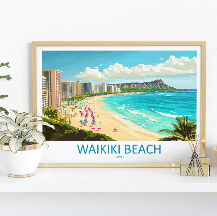 Waikiki Beach Hawaii Landscape Travel Poster Scenic Tropical Coastline Wall Art Honolulu Skyline Print USA Decor Waikiki Beach Artwork