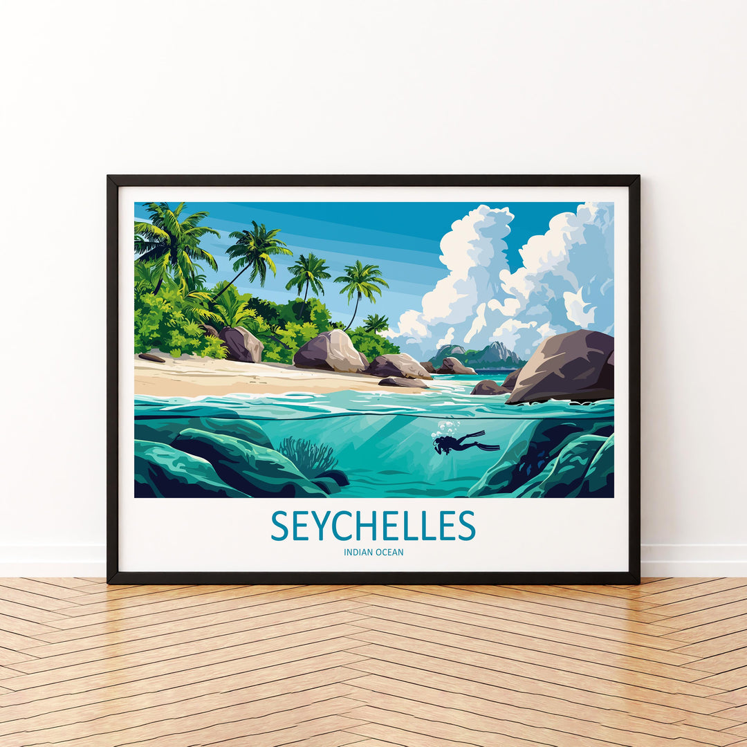 Seychelles Landscape Travel Poster Scenic Tropical Islands Coastline Wall Art Indian Ocean Beaches Print Paradise Decor Seychelles Artwork