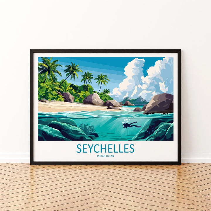 Seychelles Landscape Travel Poster Scenic Tropical Islands Coastline Wall Art Indian Ocean Beaches Print Paradise Decor Seychelles Artwork