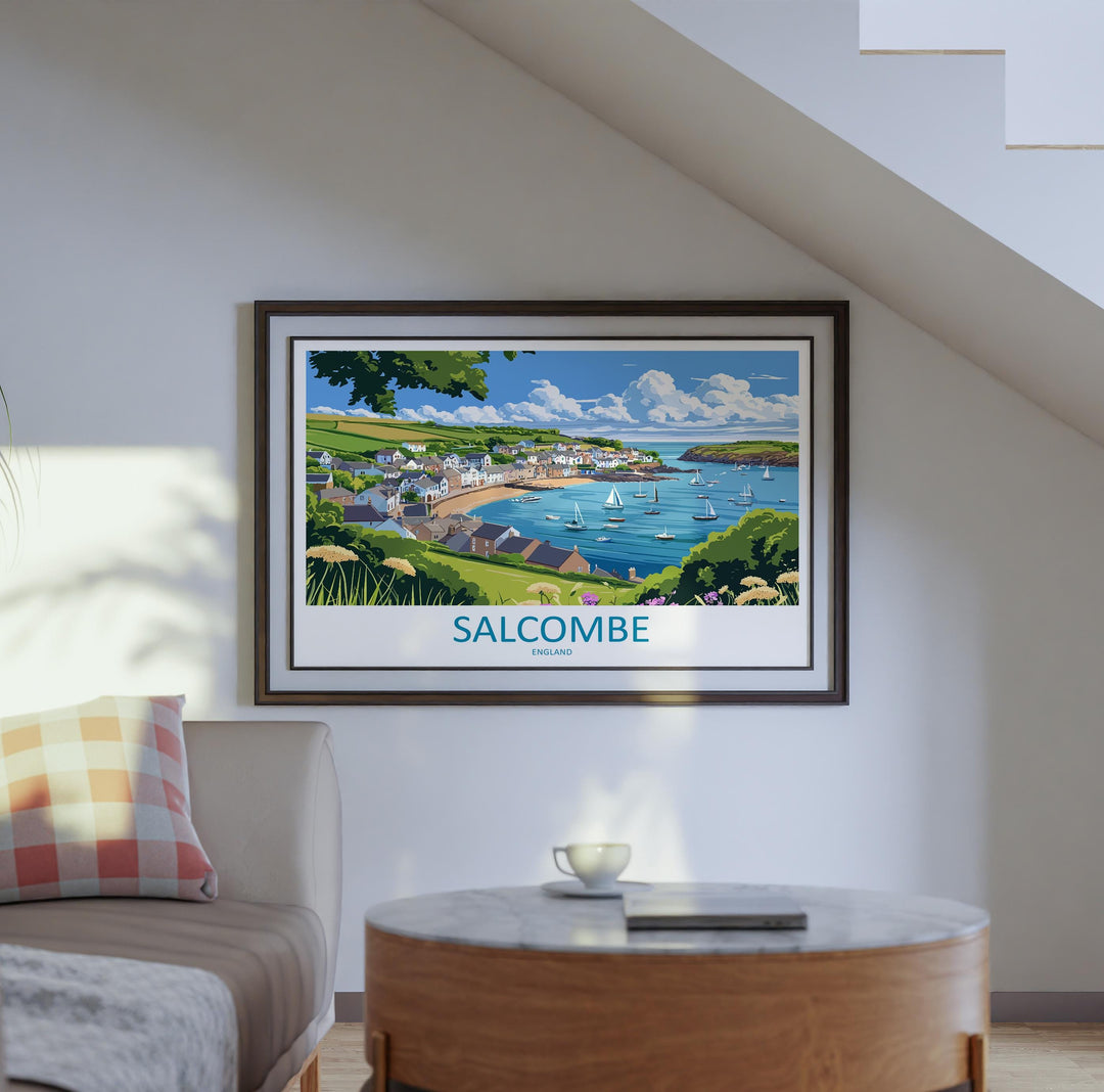 Salcombe England Landscape Travel Poster Scenic Harbour Coastline Wall Art Devon Seaside Print UK Decor Beautiful Salcombe Artwork