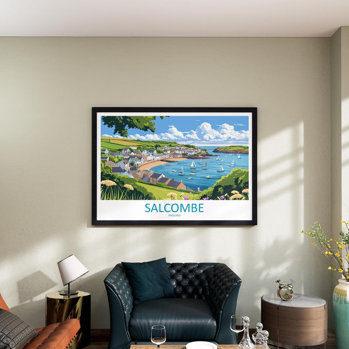 Salcombe England Landscape Travel Poster Scenic Harbour Coastline Wall Art Devon Seaside Print UK Decor Beautiful Salcombe Artwork
