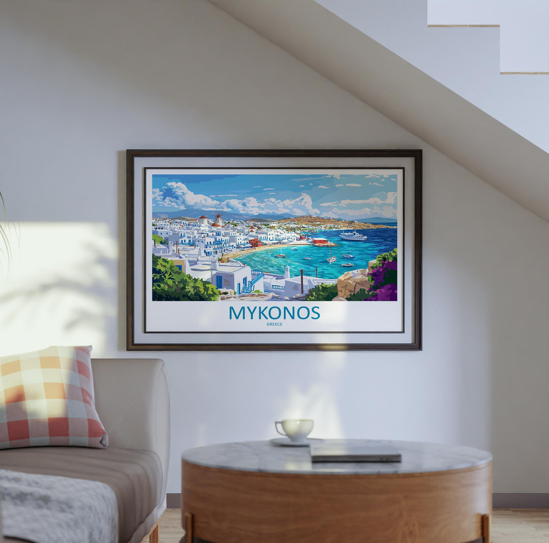 Mykonos Greece Landscape Travel Poster Scenic Island Coastline Wall Art Whitewashed Houses Print Europe Decor Beautiful Mykonos Artwork