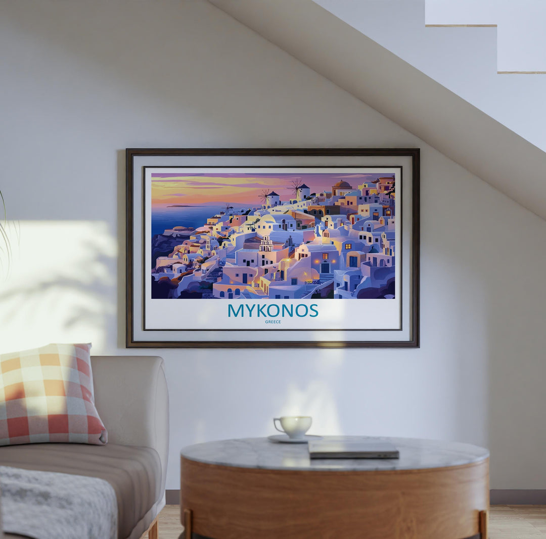 Mykonos Greece Landscape Travel Poster Scenic Island Coastline Wall Art Whitewashed Houses Print Europe Decor Beautiful Mykonos Artwork