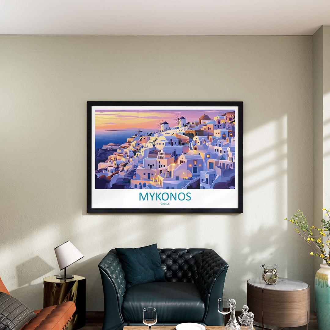 Mykonos Greece Landscape Travel Poster Scenic Island Coastline Wall Art Whitewashed Houses Print Europe Decor Beautiful Mykonos Artwork