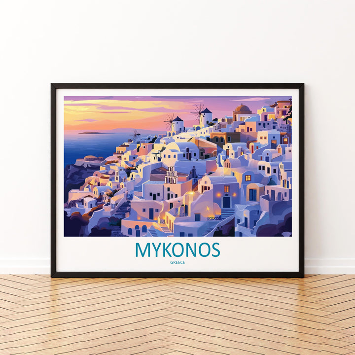 Mykonos Greece Landscape Travel Poster Scenic Island Coastline Wall Art Whitewashed Houses Print Europe Decor Beautiful Mykonos Artwork