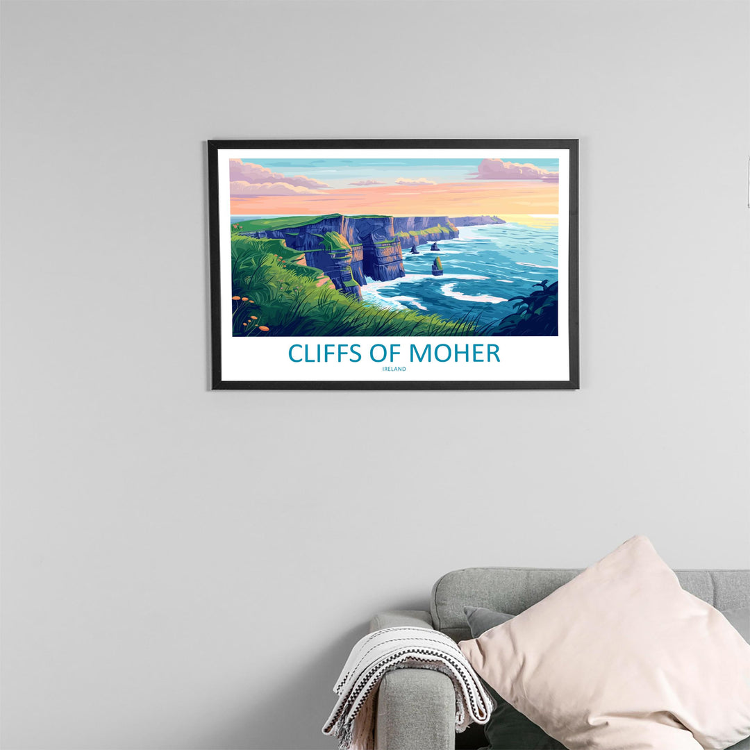 Cliffs of Moher Ireland Landscape Travel Poster Scenic Atlantic Coastline Wall Art Dramatic Sea Cliffs Print Europe Decor Moher Artwork
