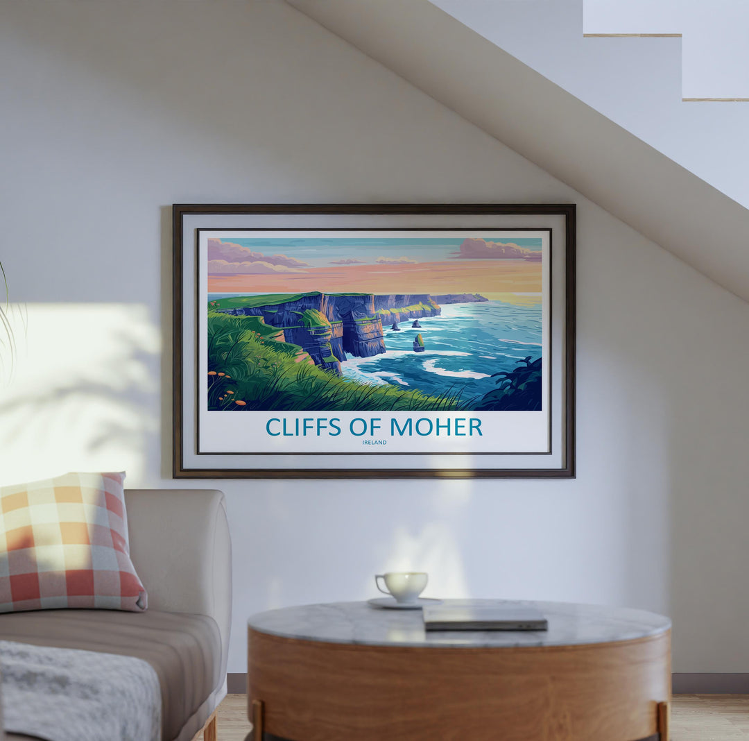 Cliffs of Moher Ireland Landscape Travel Poster Scenic Atlantic Coastline Wall Art Dramatic Sea Cliffs Print Europe Decor Moher Artwork