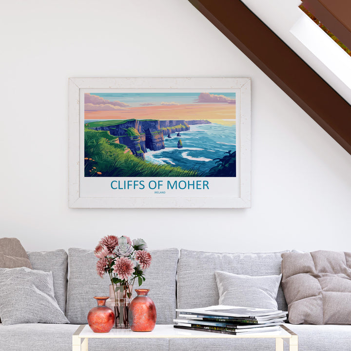 Cliffs of Moher Ireland Landscape Travel Poster Scenic Atlantic Coastline Wall Art Dramatic Sea Cliffs Print Europe Decor Moher Artwork