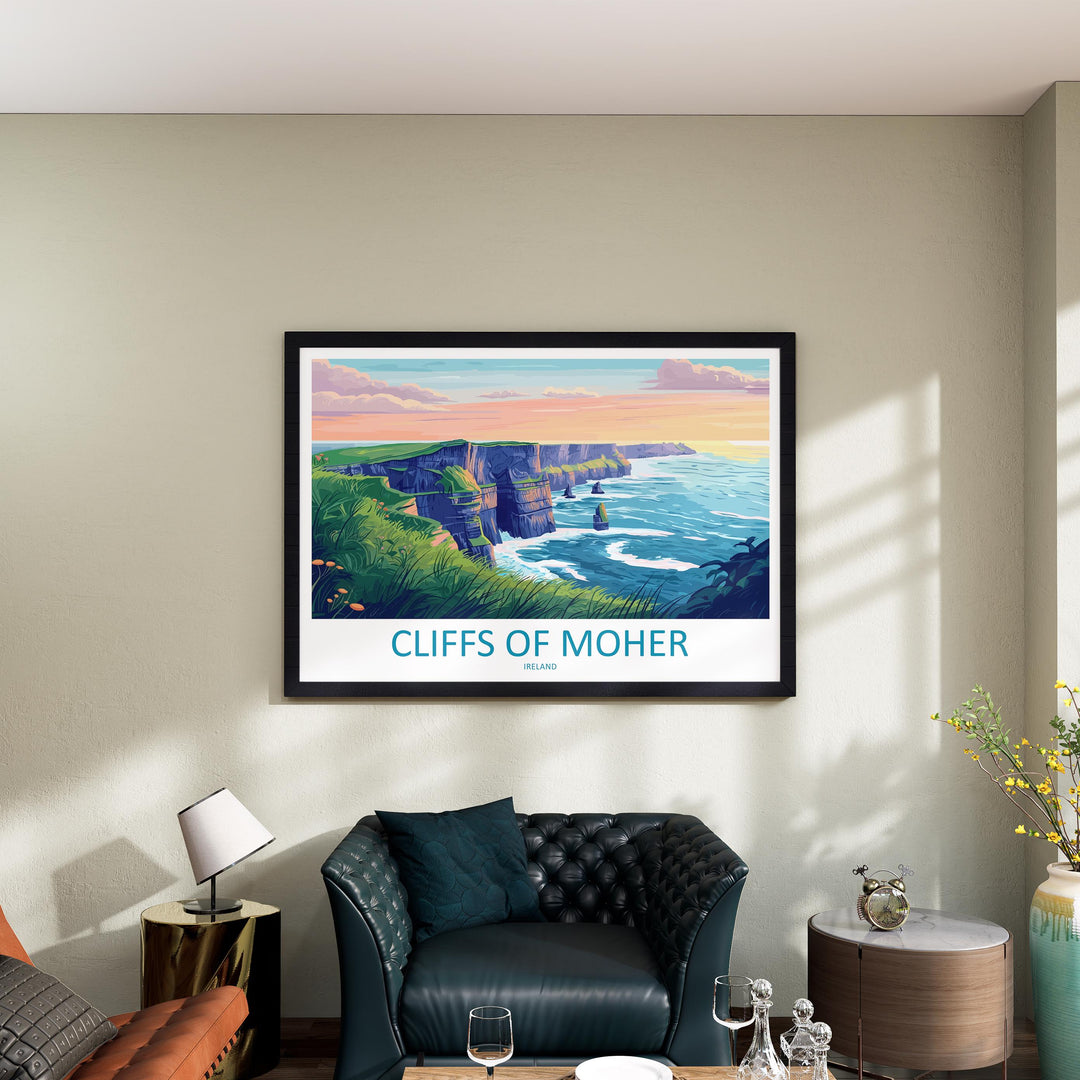 Cliffs of Moher Ireland Landscape Travel Poster Scenic Atlantic Coastline Wall Art Dramatic Sea Cliffs Print Europe Decor Moher Artwork