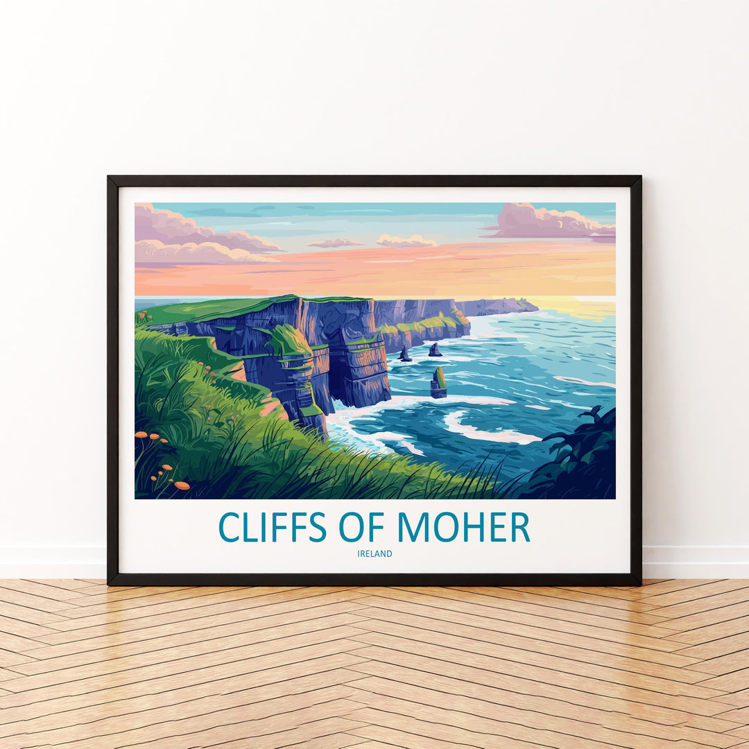 Cliffs of Moher Ireland Landscape Travel Poster Scenic Atlantic Coastline Wall Art Dramatic Sea Cliffs Print Europe Decor Moher Artwork