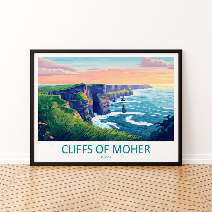 Cliffs of Moher Ireland Landscape Travel Poster Scenic Atlantic Coastline Wall Art Dramatic Sea Cliffs Print Europe Decor Moher Artwork