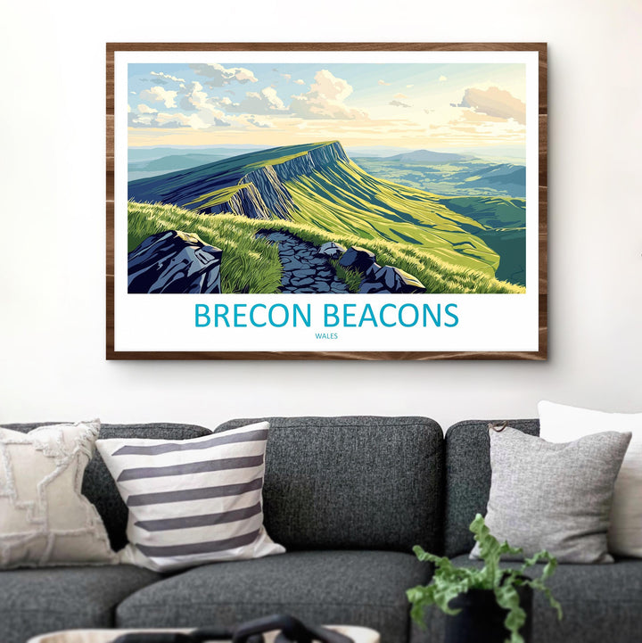 Brecon Beacons Wales Landscape Travel Poster Scenic Mountain National Park Wall Art Rolling Hills Print UK Decor Brecon Beacons Artwork