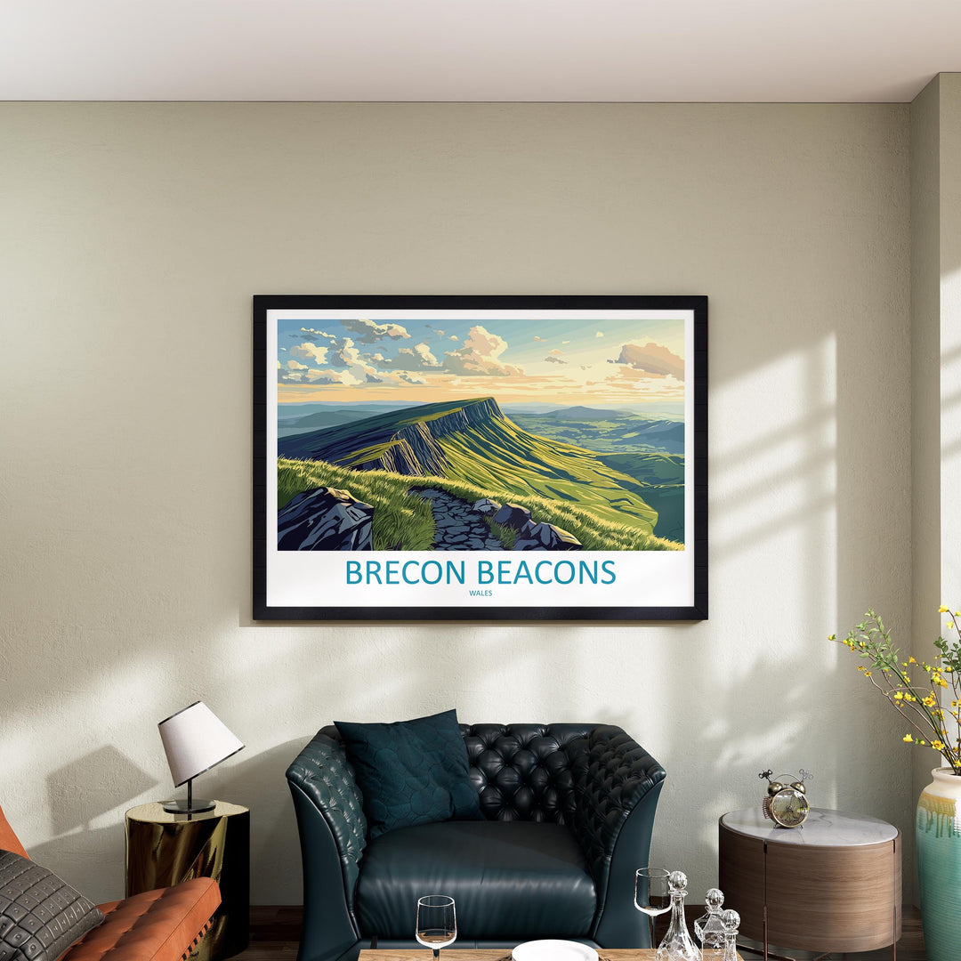 Brecon Beacons Wales Landscape Travel Poster Scenic Mountain National Park Wall Art Rolling Hills Print UK Decor Brecon Beacons Artwork