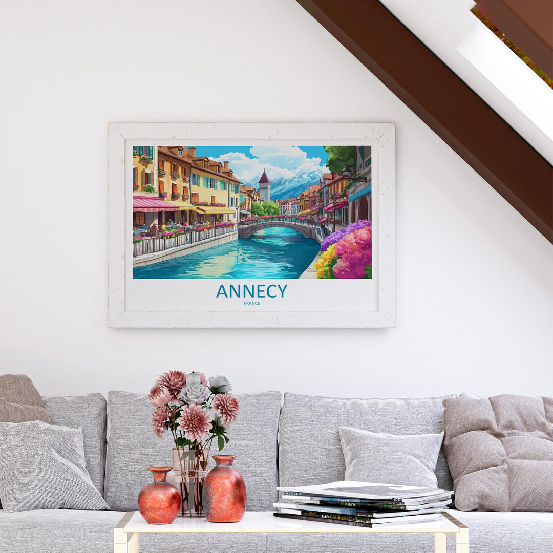 Annecy France Landscape Travel Poster Scenic Alpine Lake Town Wall Art Canals and Mountains Print Europe Decor Beautiful Annecy Artwork