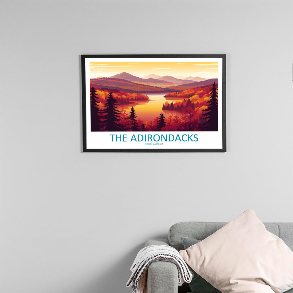 The Adirondacks USA Landscape Travel Poster Scenic Mountain Wilderness Wall Art Forest Lakes Print Nature Decor Adirondack Mountains Artwork